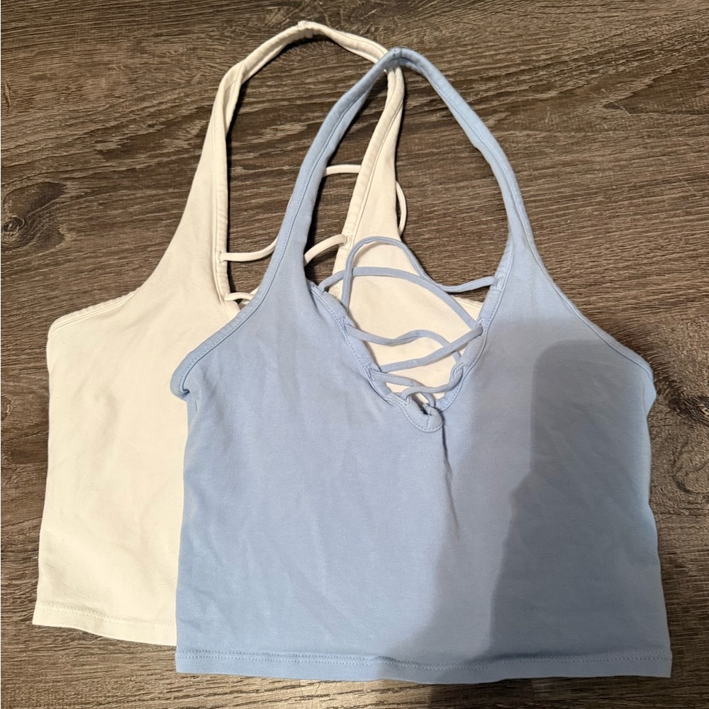 Express Blue and white Halter Crop Tops